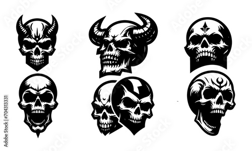skulls mascot silhouettes set icons , detailed skull black and white silhouettes or vectors set photo