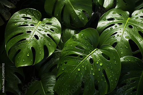 Monstera - Large, hole-punched abstract green leaves. photo