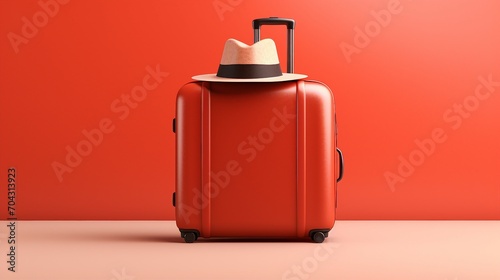 Exploring Summer Vibes: Stylish Suitcase, Hat, and Sunglasses on a Vibrant Red Background – Perfect for Travel and Holiday Concepts!