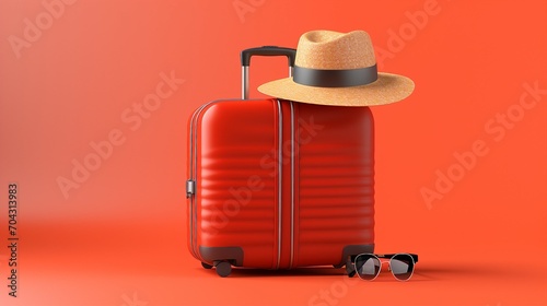 Exploring Summer Vibes: Stylish Suitcase, Hat, and Sunglasses on a Vibrant Red Background – Perfect for Travel and Holiday Concepts! © Sunanta