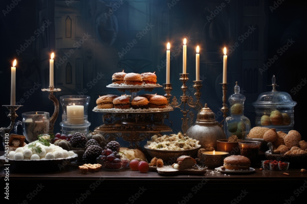 An extravagant display of delectable meals and glowing candles adorning a well-set table, A Hanukkah celebration, with a lit menorah and traditional food, AI Generated