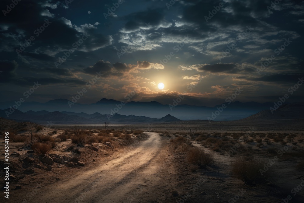 An empty dirt road winds its way through the barren desert, surrounded by endless sand and an unrelenting sun, A haunting desert landscape under a full moon, AI Generated