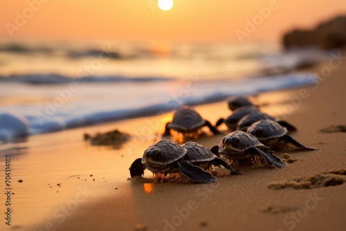 A group of tiny turtles making their way across the sandy beach towards the ocean, A group of sea turtles hatchlings making their way to the sea for the first time, AI Generated