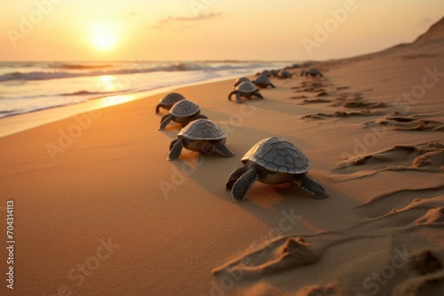 A delightful scene of several turtles gracefully making their way along the sandy shore, A group of sea turtles hatchlings making their way to the sea for the first time, AI Generated