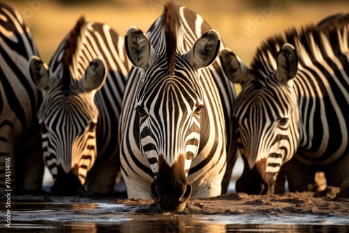 A herd of zebras standing in close proximity to one another in their natural habitat  A group of zebras drinking from a waterhole in the African Serengeti  AI Generated