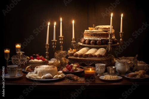 A table adorned with an assortment of savory dishes, desserts, and lit candles, set for a joyous celebration, A Hanukkah celebration, with a lit menorah and traditional food, AI Generated