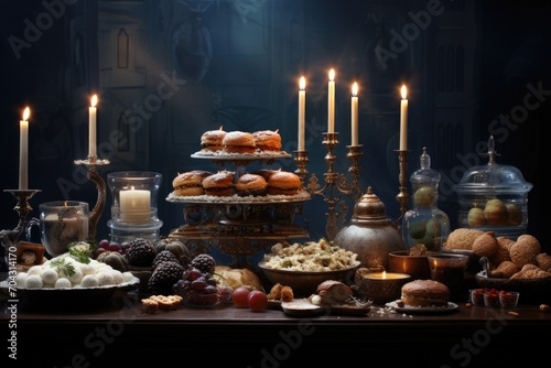 An extravagant display of delectable meals and glowing candles adorning a well-set table, A Hanukkah celebration, with a lit menorah and traditional food, AI Generated