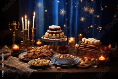 An incredible display of delectable dishes and glowing candles adorns a well-set table, creating a feast for the eyes, A Hanukkah celebration, with a lit menorah and traditional food, AI Generated