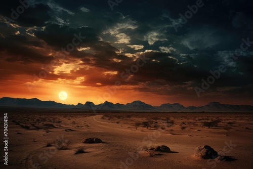 The golden sun sets over a vast desert  casting a warm glow on sandy dunes and creating a captivating scene  A haunting desert landscape under a full moon  AI Generated