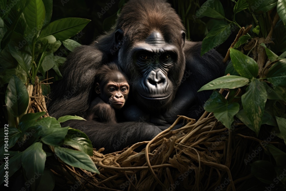 Fototapeta premium Witness the tender bond between a mother gorilla and her baby as they navigate the lushness of the jungle, A gorilla lovingly cradling its infant amidst the jungle foliage, AI Generated