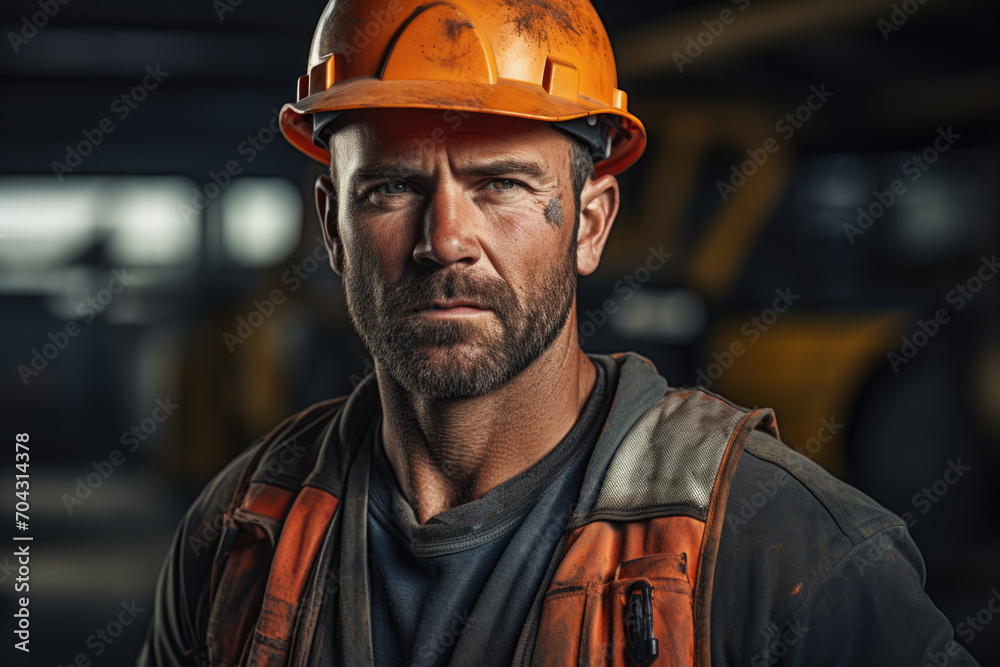 A male construction worker on a construction site, standing with tools and making eye contact with the camera