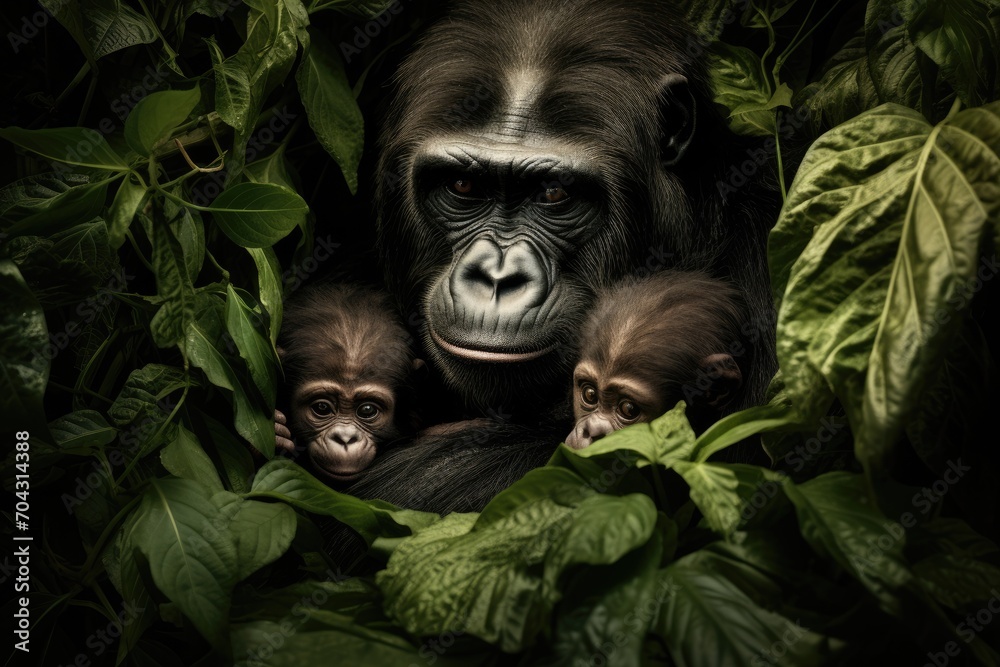 Obraz premium A mother gorilla and her two babies can be seen in their natural habitat, the lush jungle, A gorilla lovingly cradling its infant amidst the jungle foliage, AI Generated