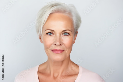 Portrait of a beautiful middle-aged woman with short white hair and blue eyes