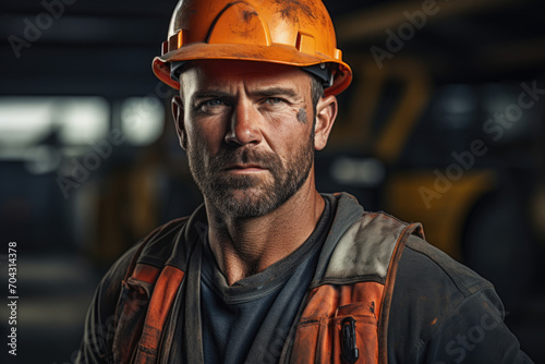 A male construction worker on a construction site, standing with tools and making eye contact with the camera photo