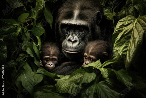 A mother gorilla and her two babies can be seen in their natural habitat, the lush jungle, A gorilla lovingly cradling its infant amidst the jungle foliage, AI Generated © Iftikhar alam