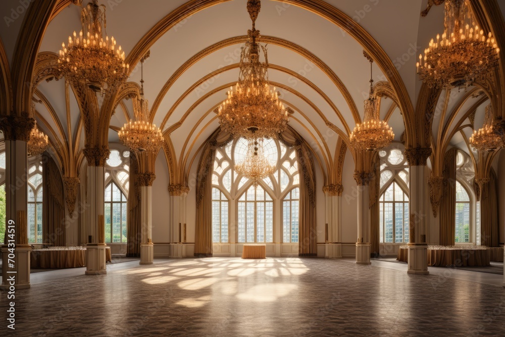A grand room featuring chandeliers and large windows, casting abundant light throughout the space, A grand ballroom with golden chandeliers and large arched windows, AI Generated