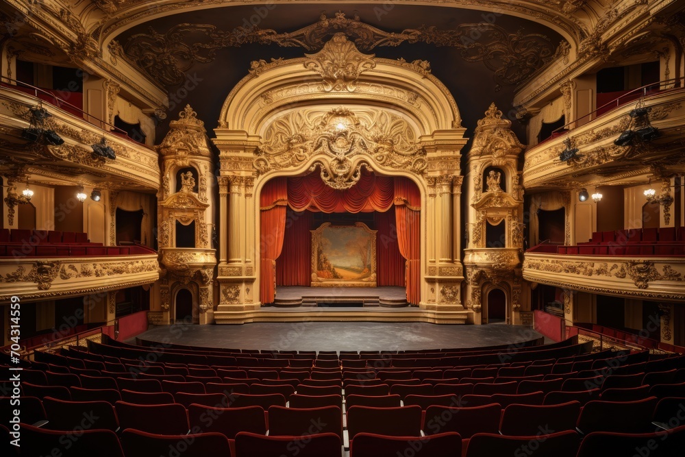 An empty theater with red seats and a painting hanging on the wall, A grand opera house with gold gilded detailing, AI Generated