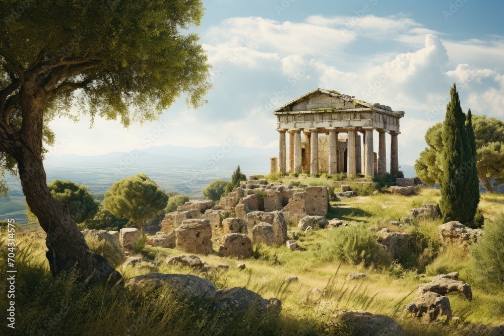 A captivating painting depicting a magnificent Greek temple standing proudly atop a picturesque hill, A Greek temple in ruins surrounded by olive trees, AI Generated