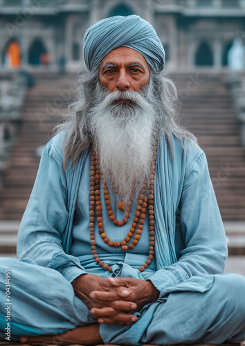 portrait of an old sikh man with long beard and hat or kesh, guru and spiritual master of the sikhism photo