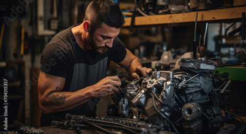 A mechanic in the garage is fixing the engine, generative AI