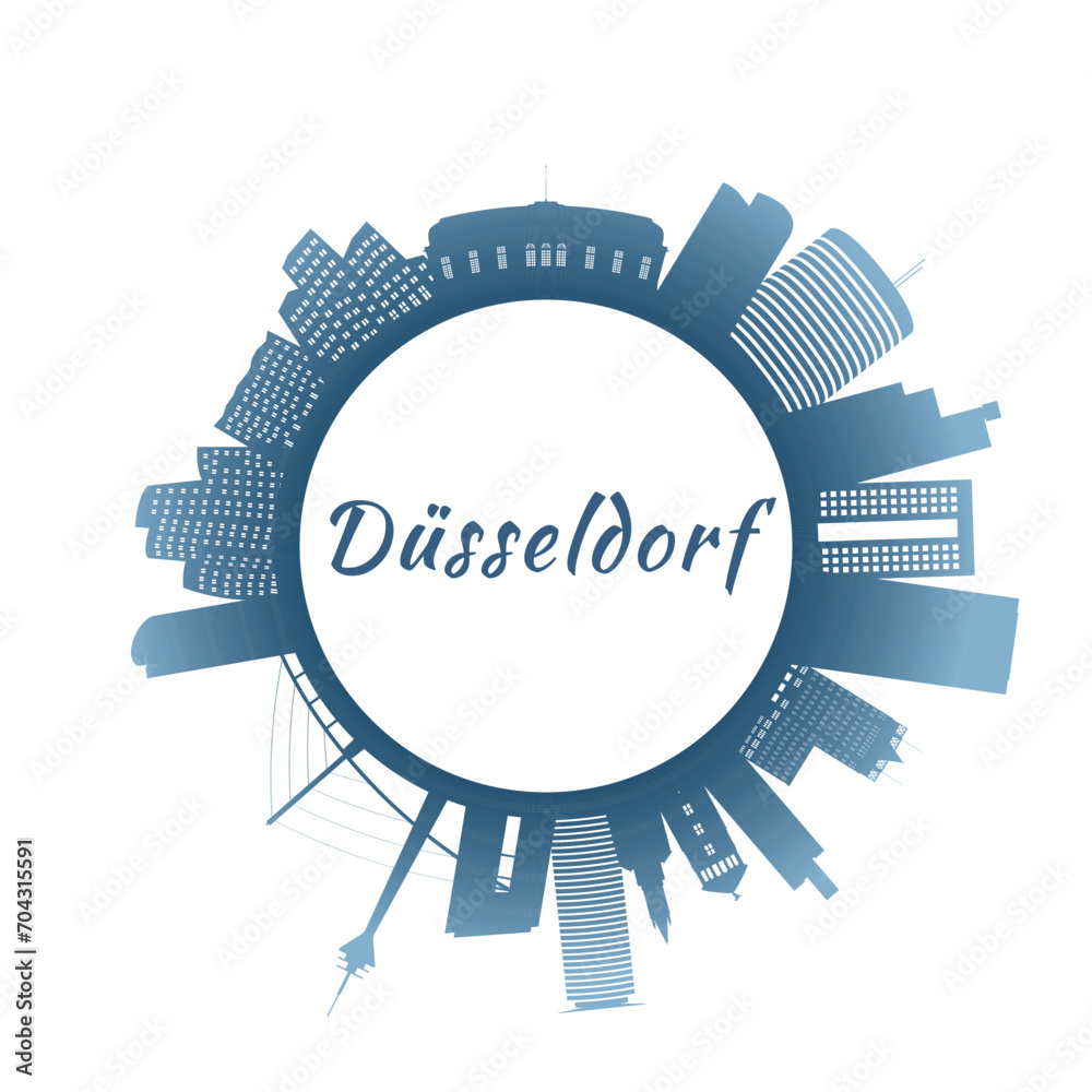 Dusseldorf skyline with colorful buildings. Circular style. Stock vector illustration.