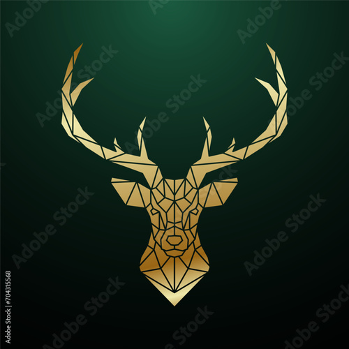Portrait of golden polygonal Reindeer. Deer head on green wall.