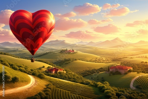 A stunning hot air balloon gliding gracefully through the air, above a vibrant and picturesque green countryside, A heart balloon ride over a beautiful countryside, AI Generated