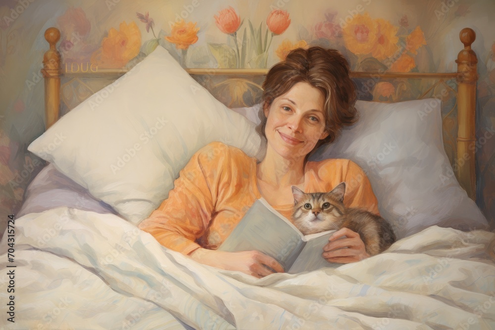 A lovely painting of the serene bond between a woman and her cat as they lay together in bed, A heartwarming painting of a mom snuggling in bed with a homemade 'Happy Mothers Day' card, AI Generated A lovely painting of the serene bond between a woman and her cat as they lay together in bed, A heartwarming painting of a mom snuggling in bed with a homemade 'Happy Mothers Day' card, AI Generated