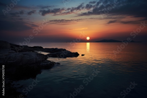 A breathtaking view of the sun setting over the ocean, with rocks in the foreground, A heart-shaped moon over a calm sea, AI Generated