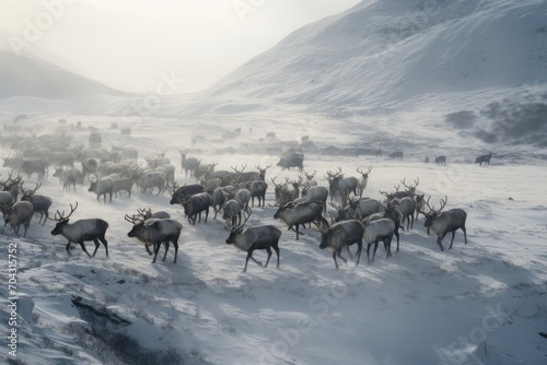 A herd of deer gracefully walks across a snow covered field  A herd of reindeer migrating across a snow-covered plain  AI Generated