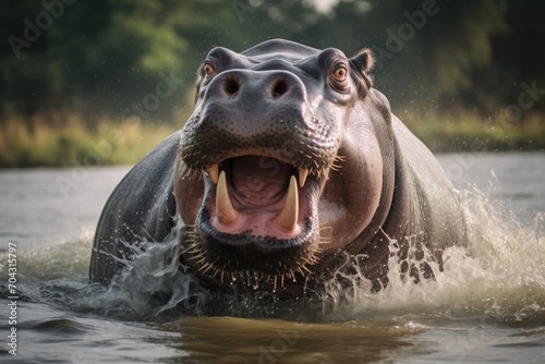 A hippopotamus with its mouth wide open in a body of water, A hippopotamus emerging from a river with its mouth wide open, AI Generated © Iftikhar alam