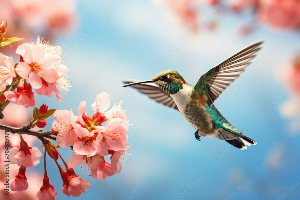 Fototapeta premium A vibrant hummingbird gracefully soars above a tree adorned with beautiful pink flowers in bloom, A hummingbird hovering near a vibrant blossom, AI Generated