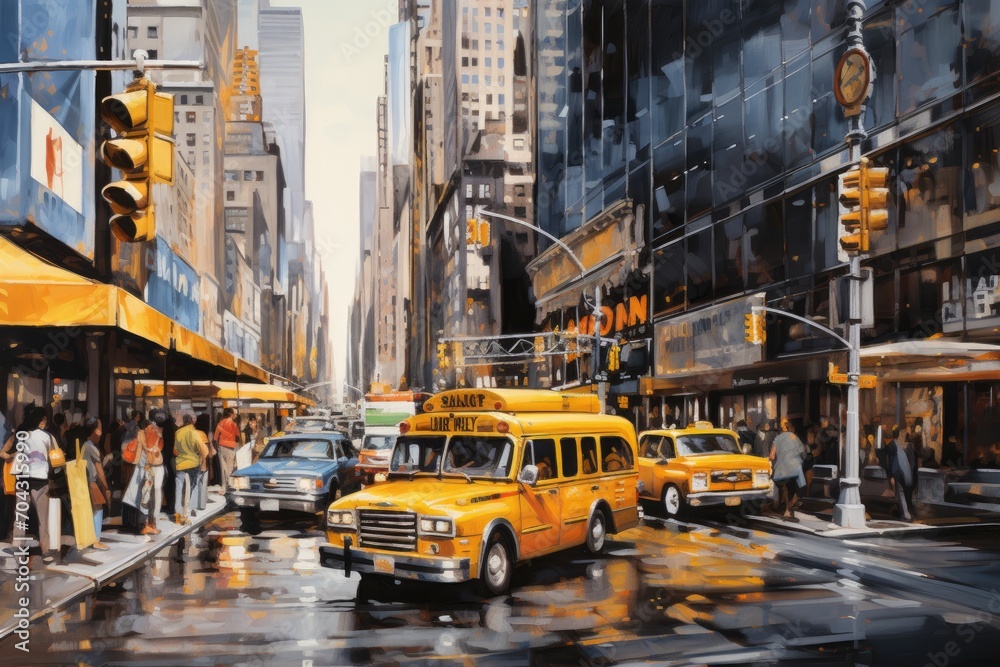 Fototapeta premium This vibrant and atmospheric painting portrays the energetic atmosphere of a rainy city street, A hustle of a Manhattan steet with yellow taxis and hotdog stalls, AI Generated