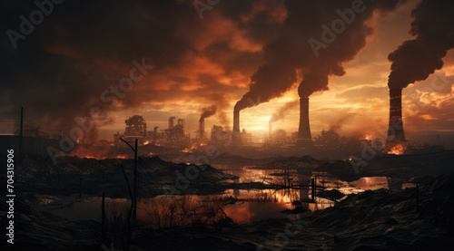 The massive factory with smoking chimneys is polluting the surrounding environment, generative AI