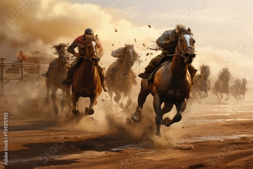 A thrilling scene of a group of men experiencing the freedom and adventure of horseback riding, A horse race in the dusty wild west, AI Generated