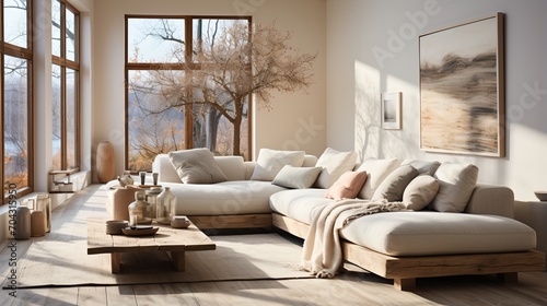 Modern living room interior with large windows and comfortable sofa © Adobe Contributor