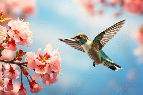 A vibrant hummingbird gracefully soars above a tree adorned with beautiful pink flowers in bloom, A hummingbird hovering near a vibrant blossom, AI Generated © Iftikhar alam