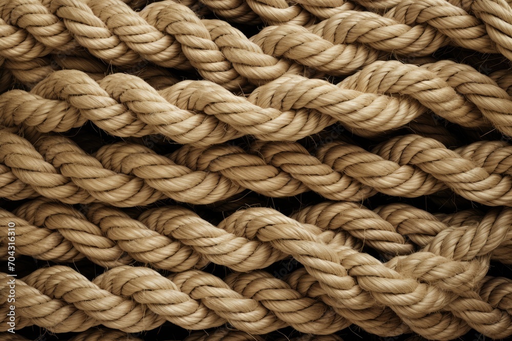 This image provides a detailed close up view of a rope, showcasing its twisted fibers, ideal for knot tying and securing objects, A knotted and twisted texture of a rope, AI Generated This image provides a detailed close up view of a rope, showcasing its twisted fibers, ideal for knot tying and securing objects, A knotted and twisted texture of a rope, AI Generated
