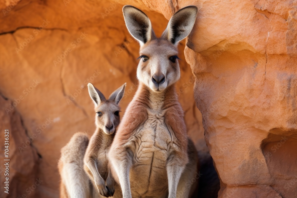 A pair of kangaroos standing side by side in their natural habitat, A