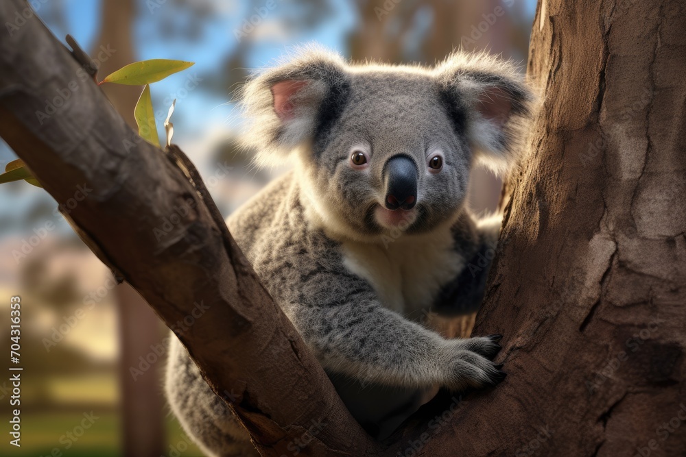Naklejka premium An adorable koala perched in a tree, making direct eye contact with the camera, A koala clinging onto a eucalyptus tree, AI Generated