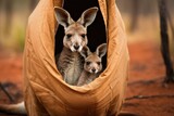 A heartwarming image of a kangaroo and its baby enjoying a camping experience inside a tent, A kangaroo with a joey inside her pouch in the Australian Outback, AI Generated