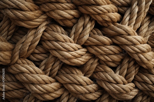 This image showcases the close-up details of a rope, providing a clear and detailed view of its twisted texture and construction, A knotted and twisted texture of a rope, AI Generated