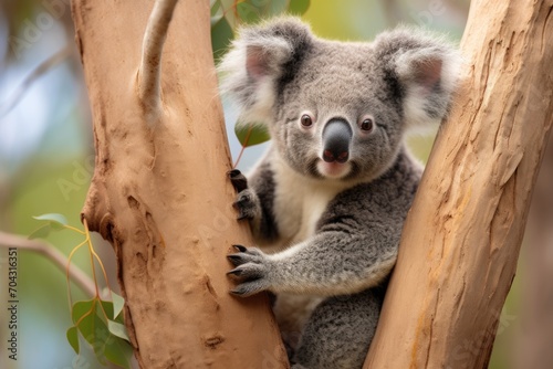 A koala sitting in a tree  making eye contact with the camera  A koala clinging onto a eucalyptus tree  AI Generated