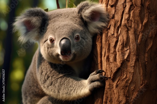 A captivating image showcasing a koala up close  peacefully resting on a tree branch in its natural habitat  A koala clinging onto a eucalyptus tree  AI Generated