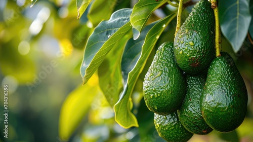 green Hass Avocados fruit hanging in the tree photo