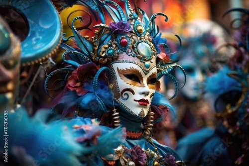 A picture showing a person up close, wearing a mask to protect themselves and others, A lively carnival scene with colorful masks and costumes, AI Generated photo
