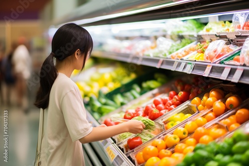 Asian woman grocery shopping in a supermarket produce section