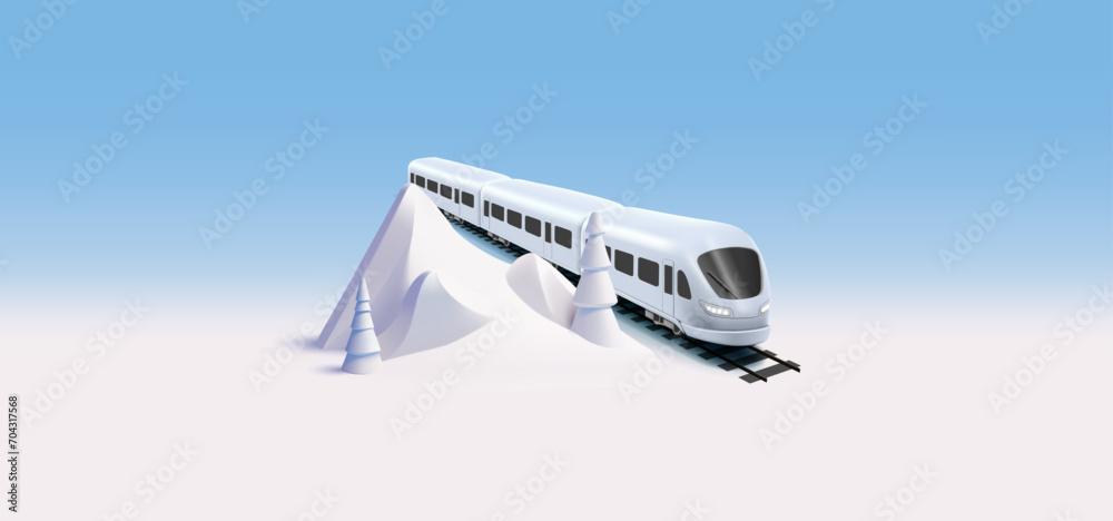 Fototapeta premium White modern fast train 3d illustration in snow mountains, cartoon render composition, public transport