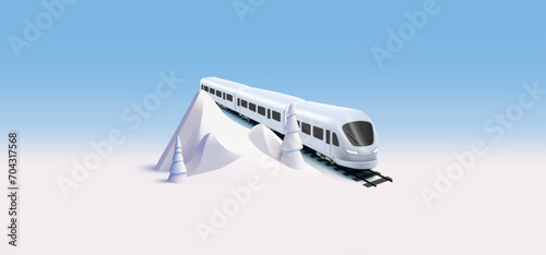 White modern fast train 3d illustration in snow mountains, cartoon render composition, public transport