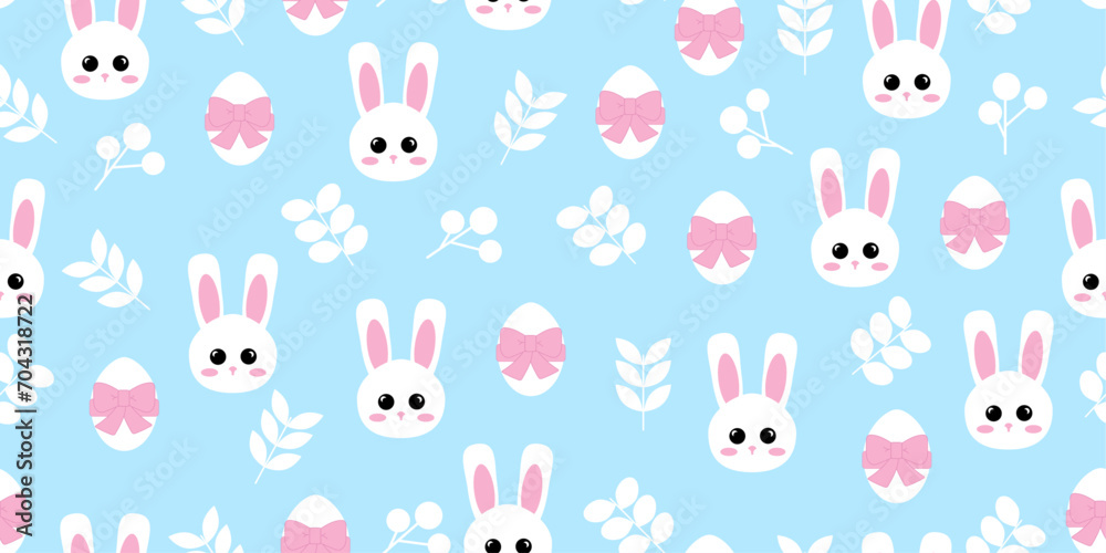 Seamless vector pattern with cute bunnies, twigs and festive eggs on a light background. For packaging,print,banner,card,wallpaper,children's design Seamless vector pattern with cute bunnies, twigs and festive eggs on a light background. For packaging,print,banner,card,wallpaper,children's design